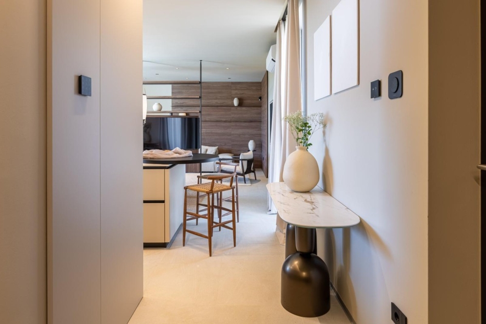 Couloir à la décoration élégante avec accès au séjour