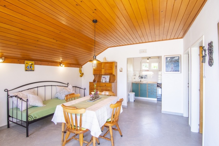 Séjour avec cuisine et plafond en bois