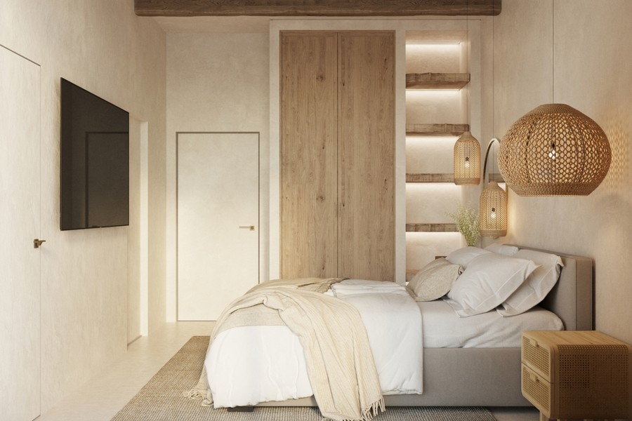 Chambre moderne avec détails en bois et éclairage élégant