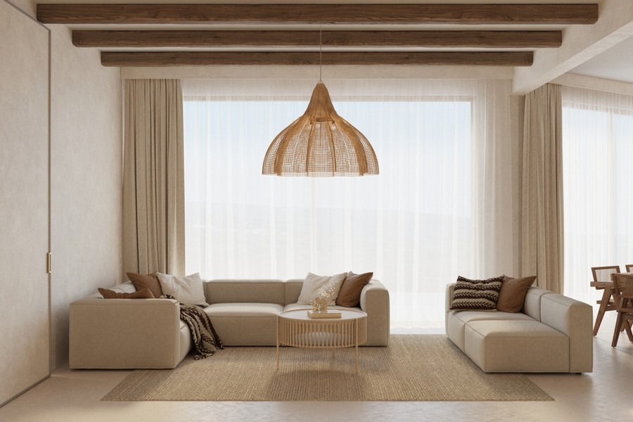 Séjour clair avec décoration moderne et grandes baies vitrées