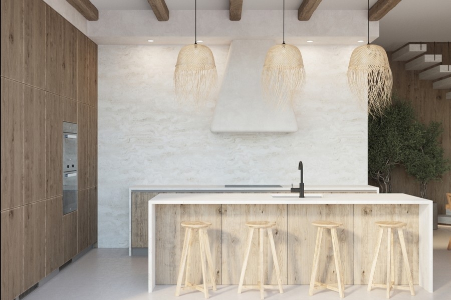 Cuisine moderne avec îlot et éléments en bois de qualité