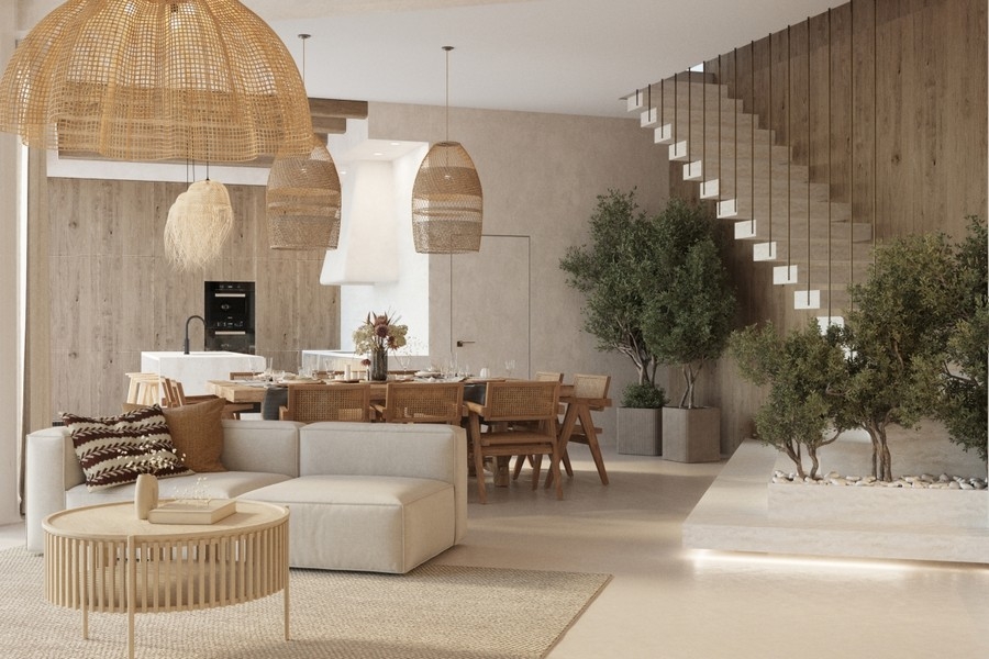 Séjour élégant avec galerie ouverte et éclairage design