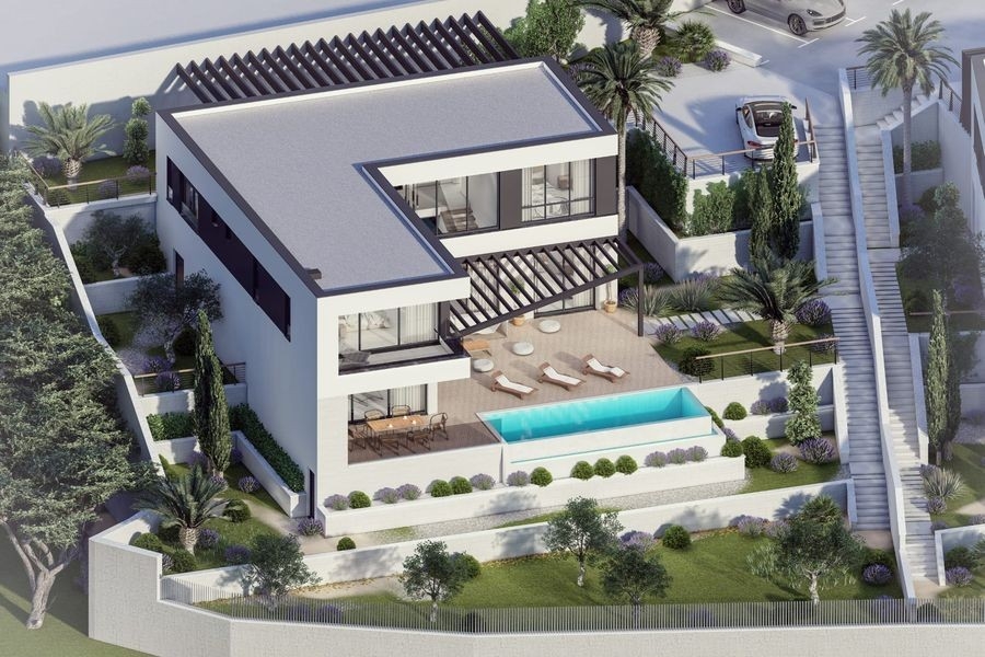 Vue aérienne de la villa avec piscine et toit-terrasse