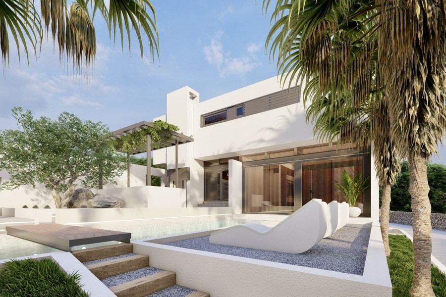 Espace piscine de la villa avec bains de soleil et pergola