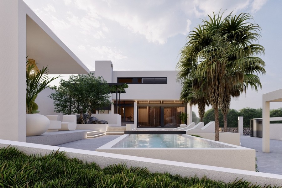 Villa de luxe blanche avec palmiers à Rogoznica
