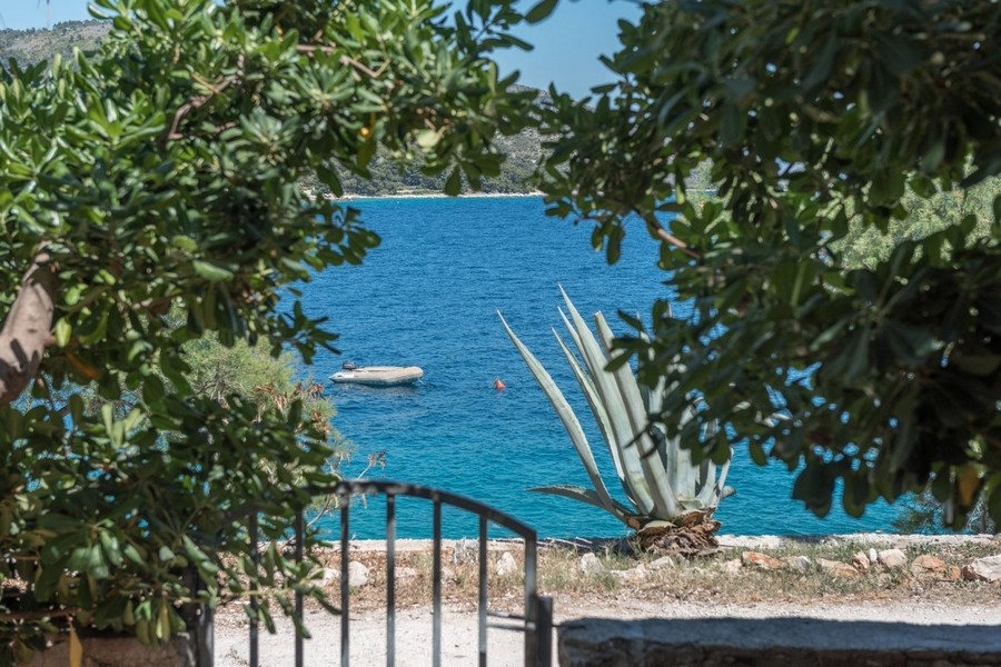 Vue mer sur la baie depuis le jardin de la maison
