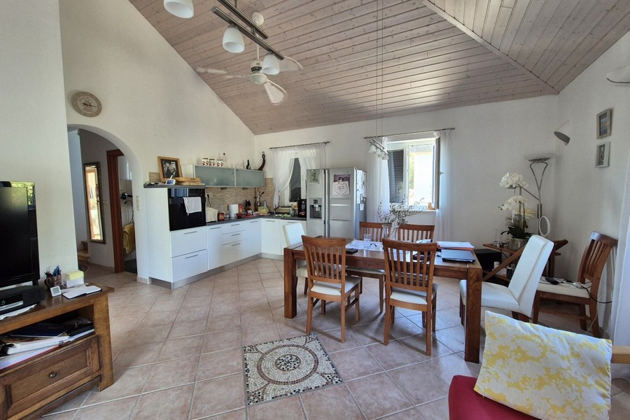 Séjour ouvert avec cuisine et ventilateur de plafond