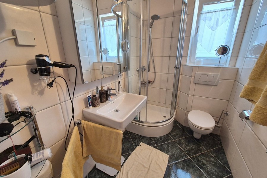Salle de bains avec douche et toilettes