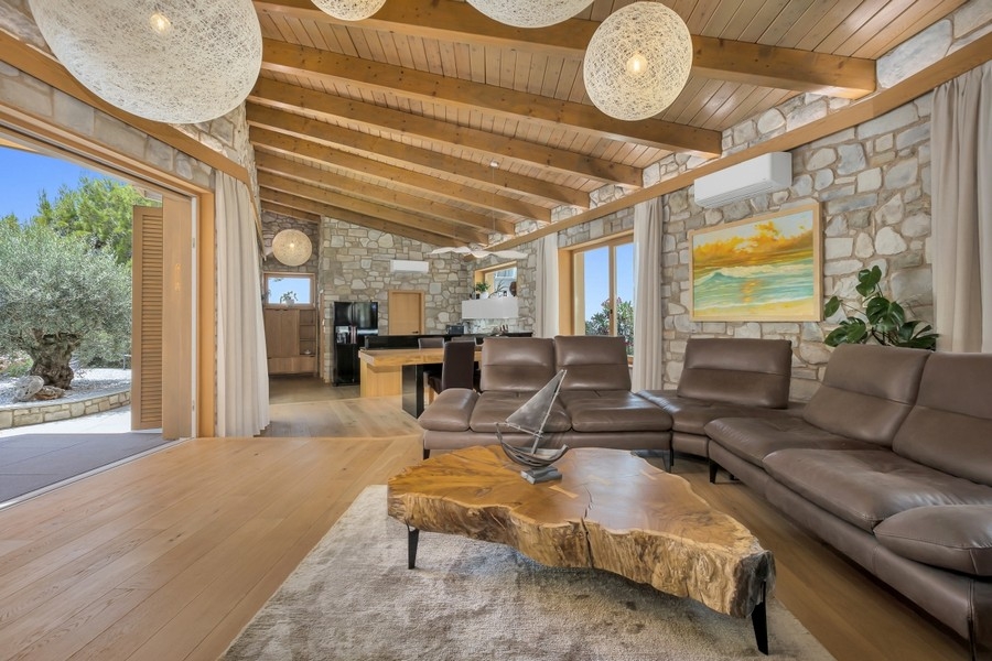 Séjour avec canapé en cuir et plafond en bois