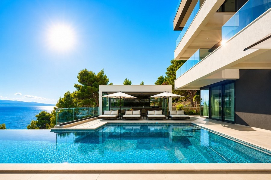 Piscine à débordement avec solarium à la villa