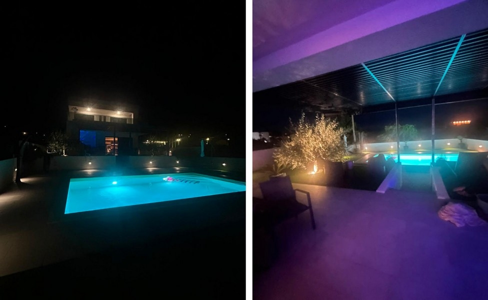 Piscine et terrasse éclairées la nuit en Croatie