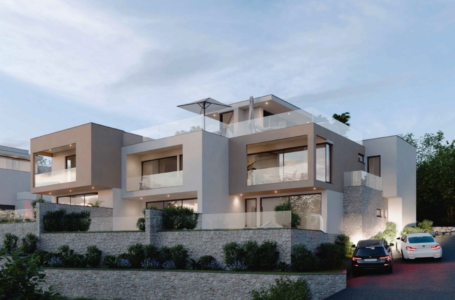 Visualisation de la villa avec toit-terrasse au-dessus du mur en pierre naturelle