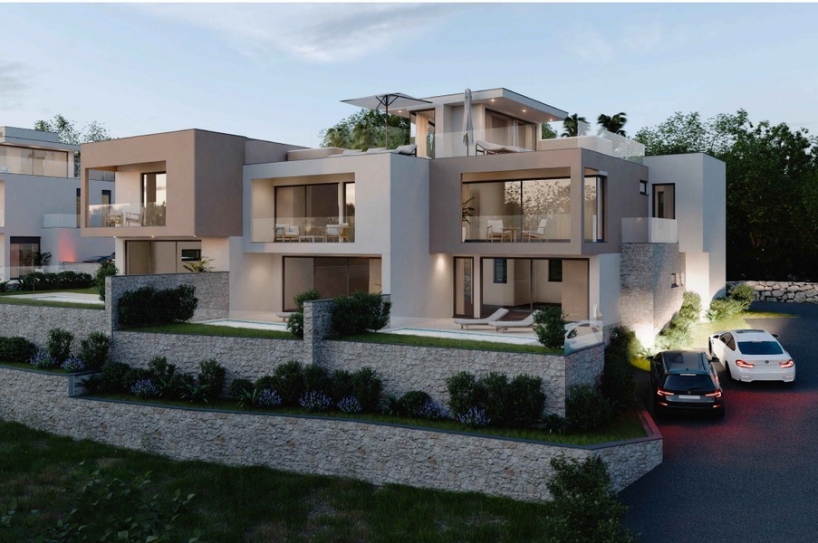 Maisons en bande avec terrasses et vue mer à Vodice