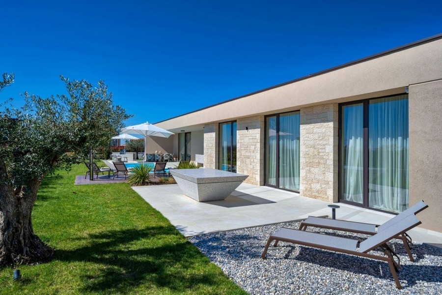 Jardin avec olivier et transats devant la villa en Croatie