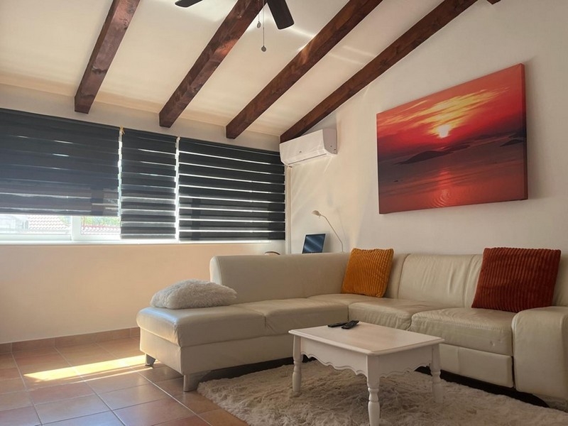 Salon avec plafond à poutres en bois et canapé
