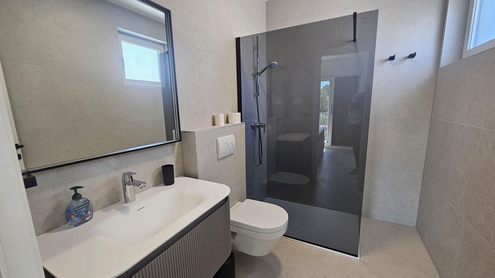 Salle de bains avec douche et meuble vasque