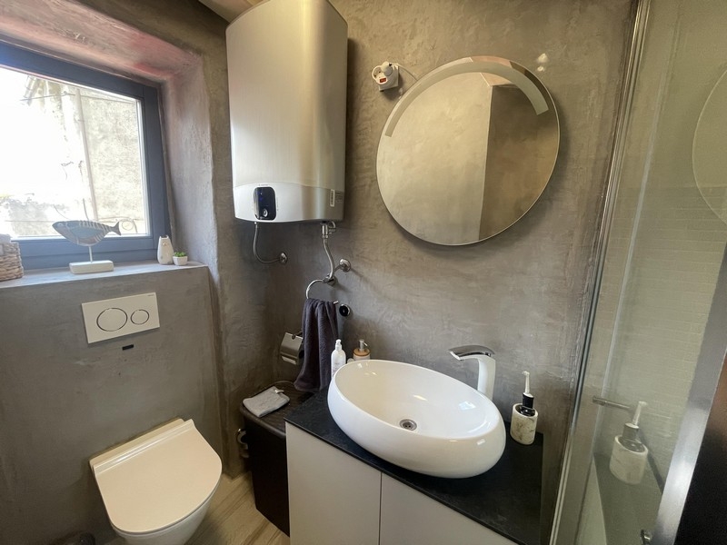 Salle de bains avec meuble vasque et toilettes