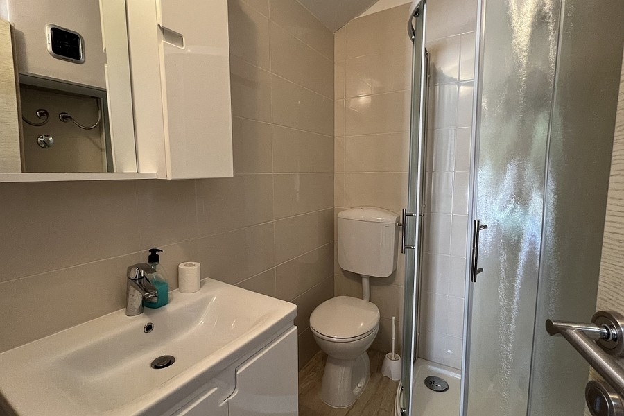 Salle de bains avec douche et lavabo