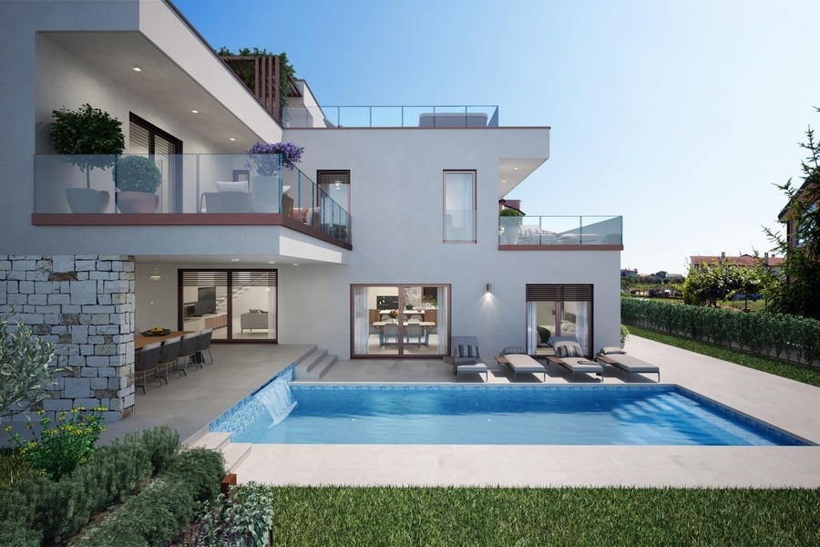 Visualisation de la terrasse de la piscine avec bains de soleil