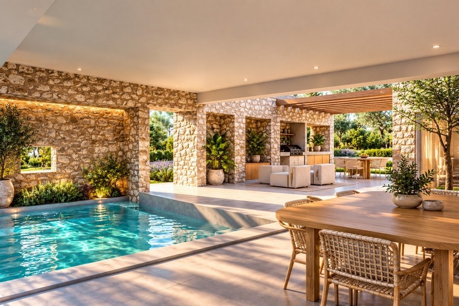 Terrasse couverte avec espace repas au bord de la piscine