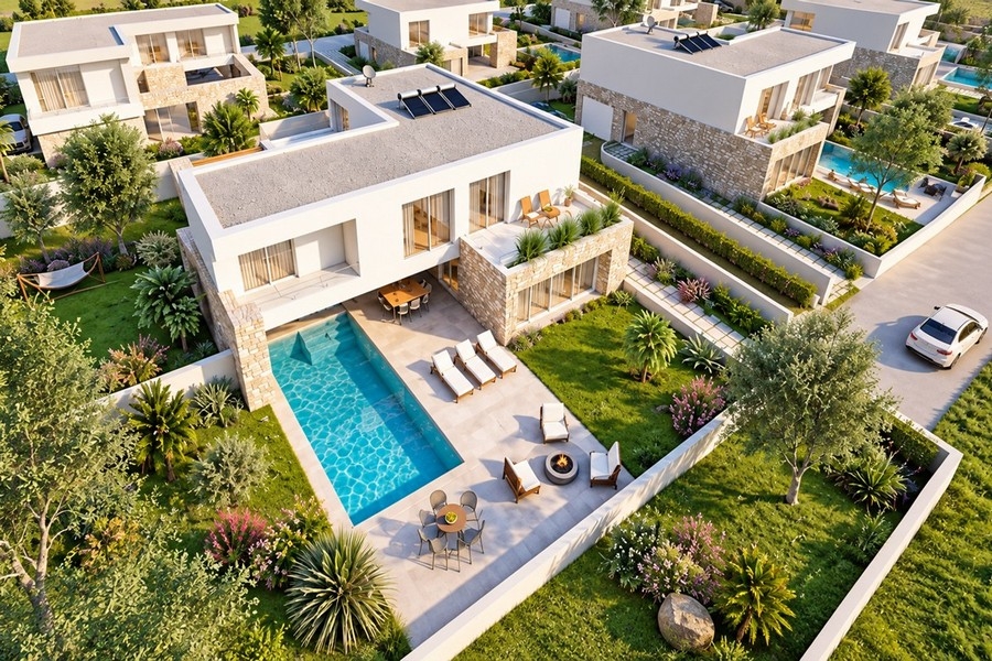 Vue aérienne de la villa avec piscine et terrasse solarium