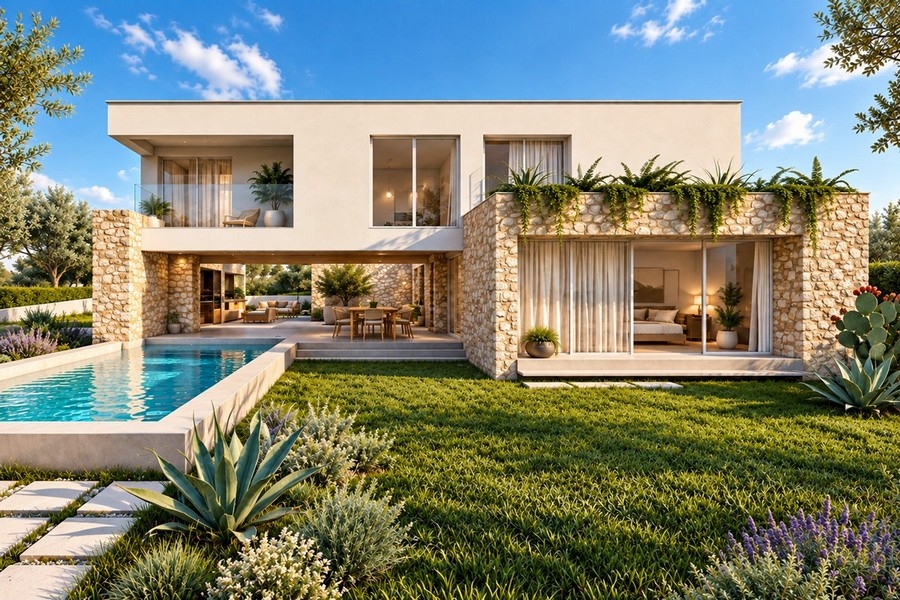 Visualisation de la villa avec piscine et pelouse