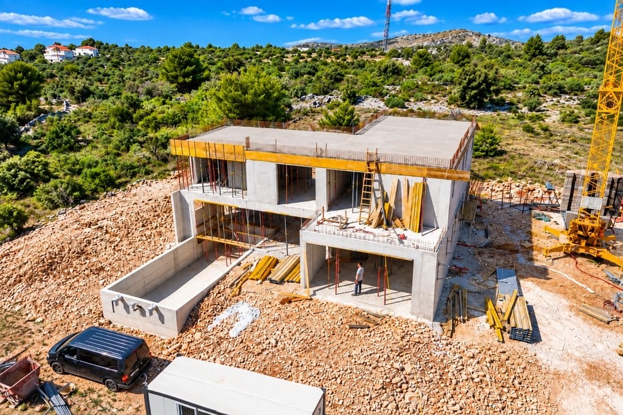 Gros œuvre de la villa à deux étages à flanc de colline