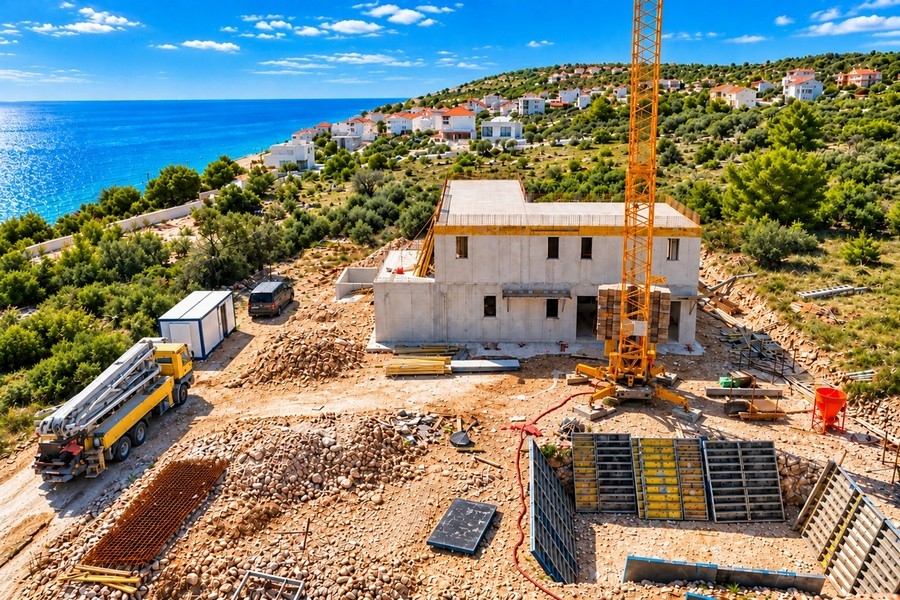 Chantier avec vue sur la baie de Rogoznica