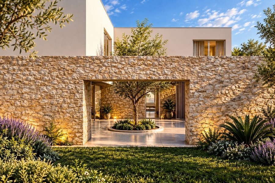 Façade en pierre naturelle avec cour intérieure de la villa