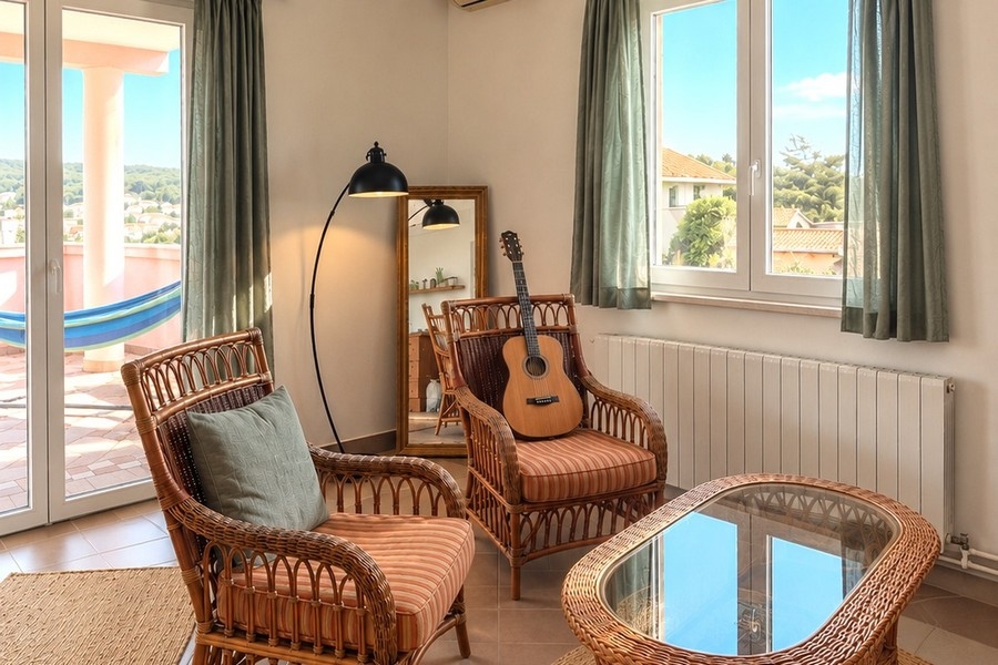 Séjour avec fauteuils en rotin et vue sur l'extérieur