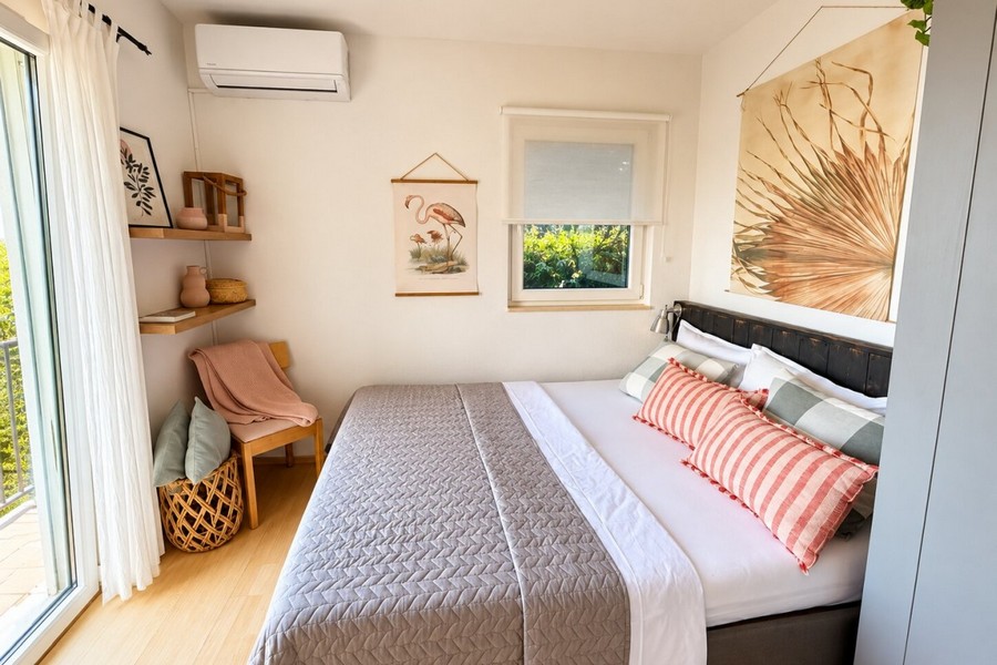 Chambre avec lit double et fenêtre donnant sur le jardin