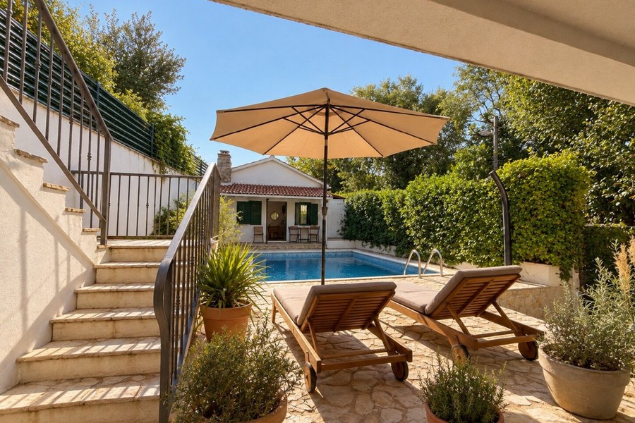 Piscine chauffée avec bains de soleil et escalier menant à la maison