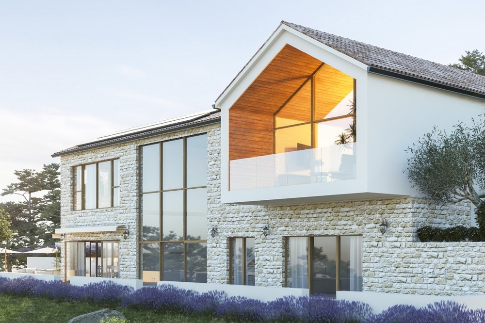 Vue extérieure de la villa avec balcon et façade vitrée