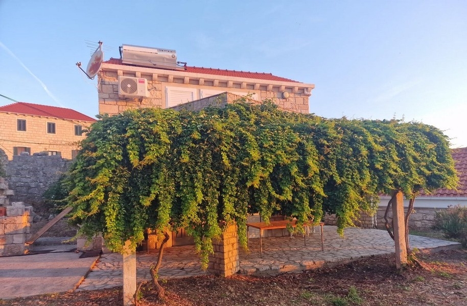 Maison en pierre avec pergola végétalisée et terrasse