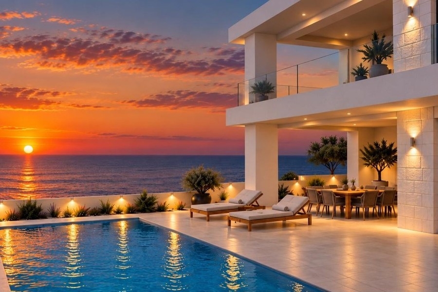 Visualisation de la villa avec piscine au coucher du soleil