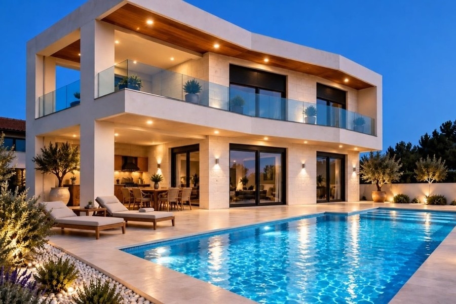 Visualisation de la terrasse de la piscine le soir