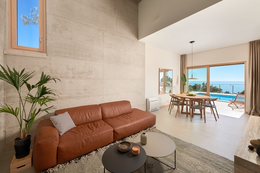 Salon avec canapé en cuir et vue vers la mer