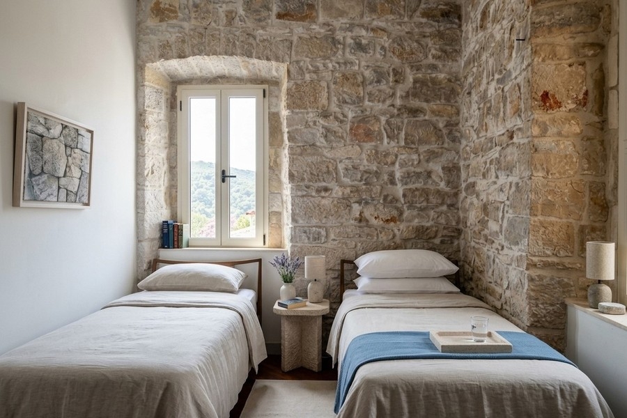 Chambre avec deux lits et mur en pierre