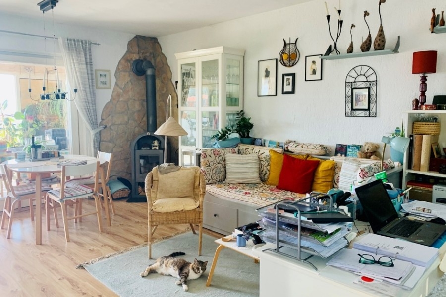 Salon avec poêle à bois