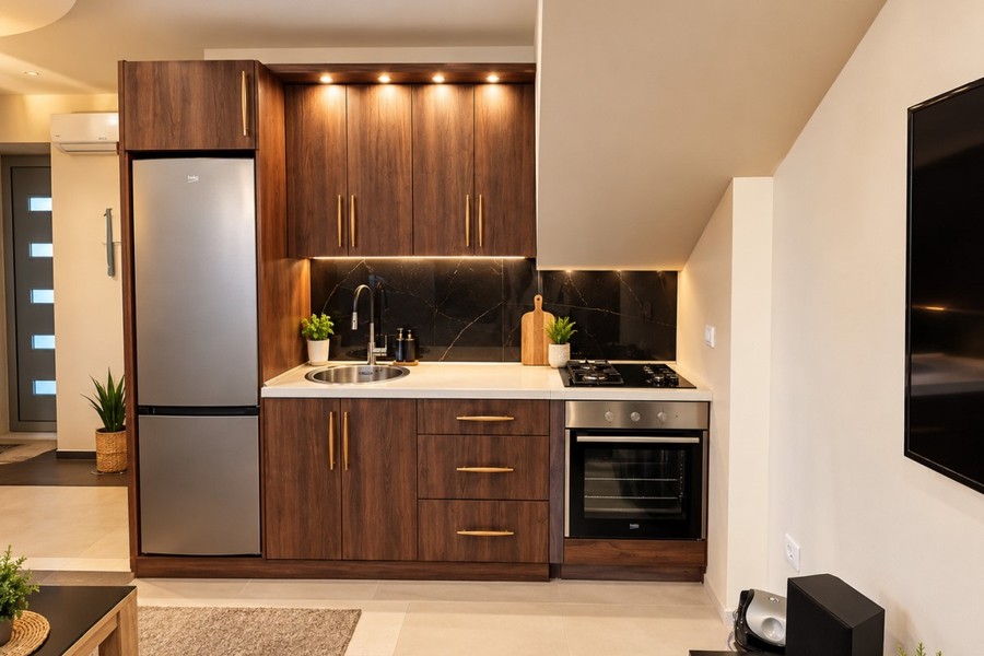 Cuisine avec façades en bois et réfrigérateur