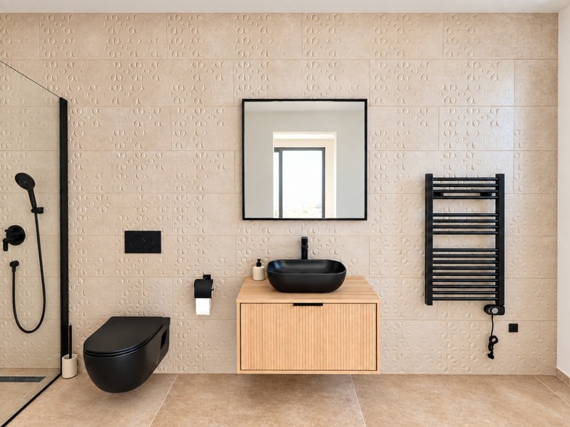 Salle de bains avec douche et sèche-serviettes