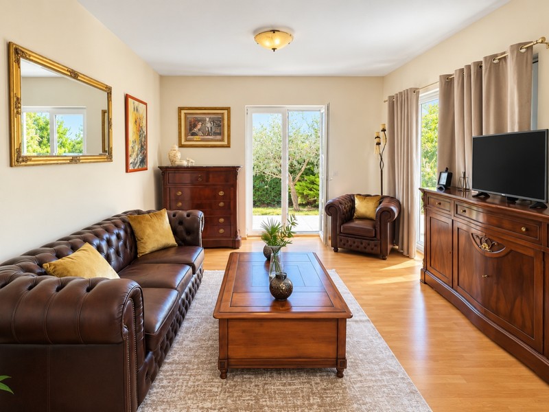 Salon avec canapé en cuir et porte donnant sur le jardin