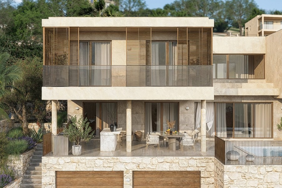 Vue de face de la villa avec terrasse et piscine