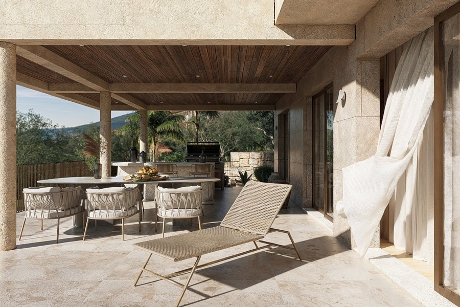 Terrasse avec bain de soleil et table à manger