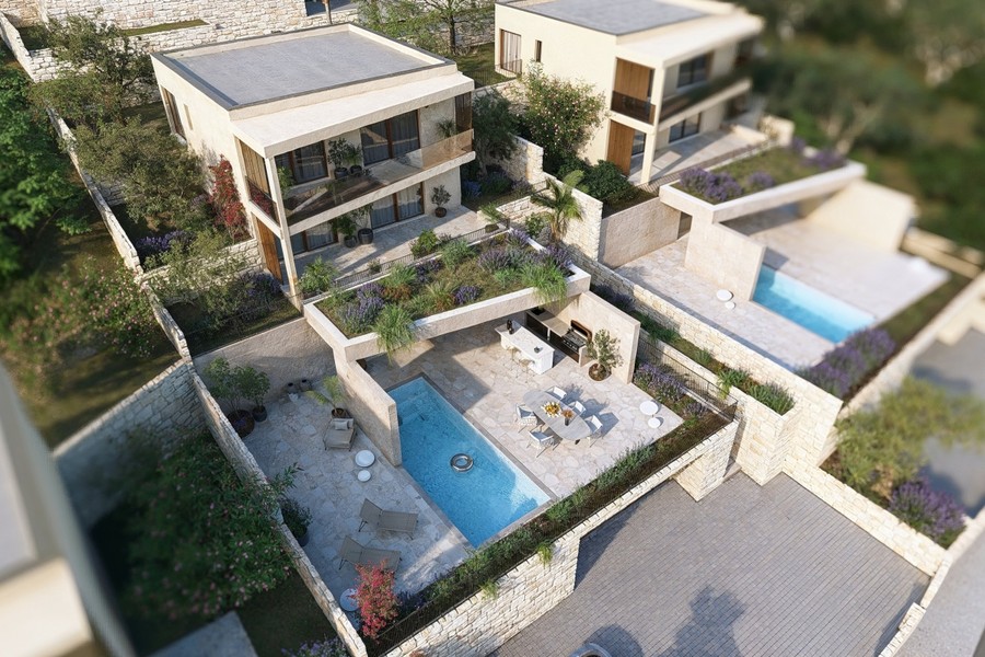 Villas avec piscines et terrasses vues d'en haut