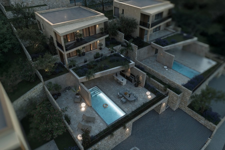 Vue aérienne de la villa avec piscine