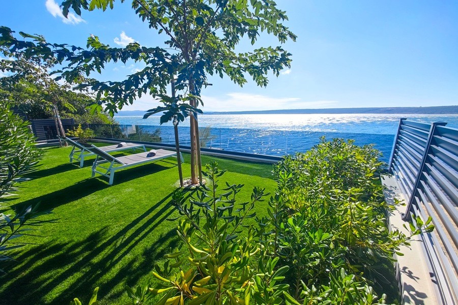 Terrasse engazonnée avec arbre et vue mer