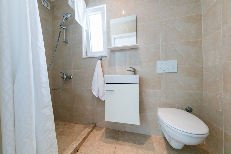Salle de bains avec douche et fenêtre