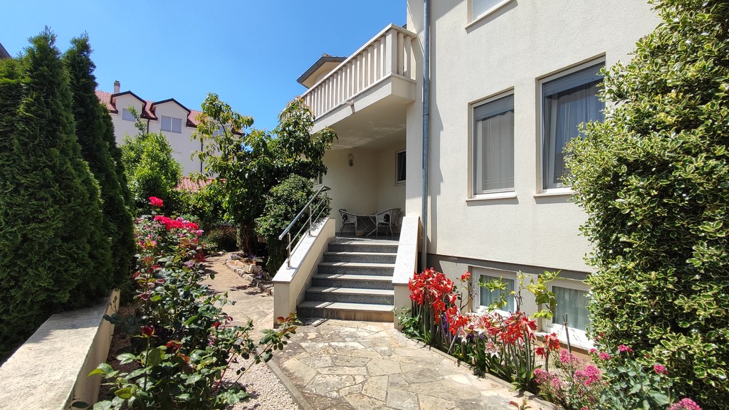 Entrée latérale avec escalier et rosiers