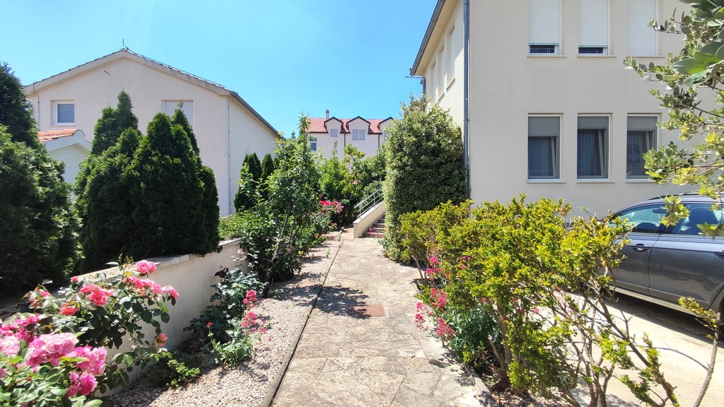 Allée de jardin le long du mur de la maison